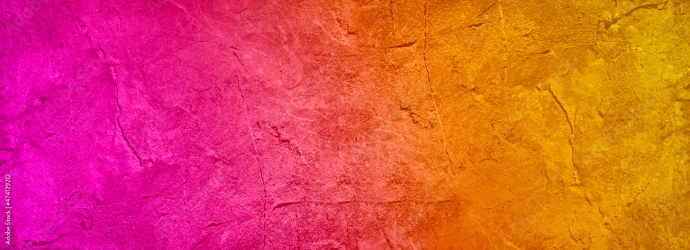 Yellow orange red magenta purple. Gradient. Abstract. Toned rough stone surface texture. Macro. Colorful background with copy space for design. Wide banner. Panoramic. Birthday, Valentine. - obrazy, fototapety, plakaty 