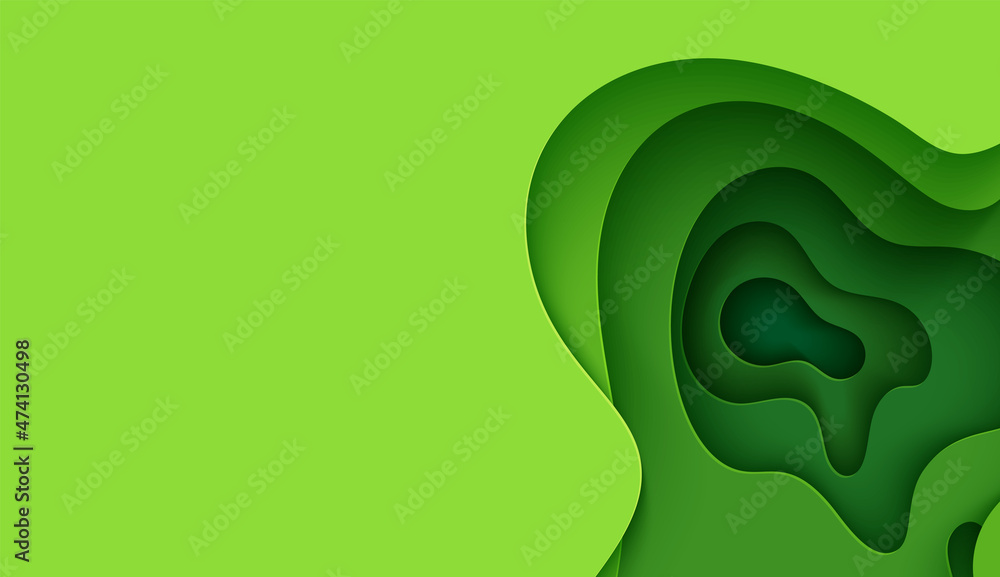 Abstract green background in paper cut style. 3d layout wallpaper cut out from cardboard. Modern template with abstract curve shapes. Vector environmental card with papercut waves for business poster. Abstract green background in paper cut style. 3d layout wallpaper cut out from cardboard. Modern template with abstract curve shapes. Vector environmental card with papercut waves for business poster.