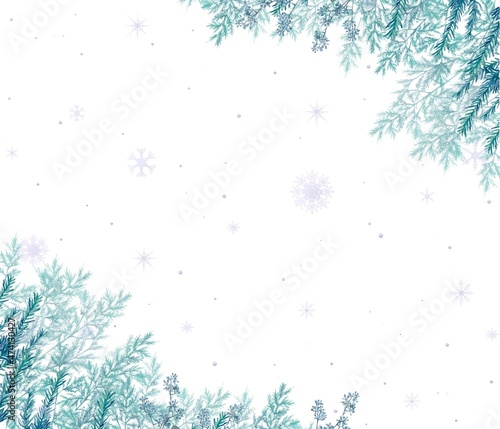 雪の結晶の降る美しい冬の北欧風オシャレな植物の白バックフレームイラストベクター素材
