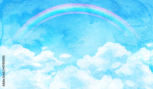 青空と雲と虹の水彩のベクターイラスト背景