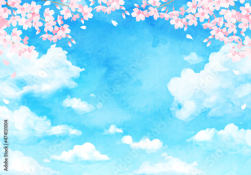 青空と雲と桜の水彩のベクターイラスト背景