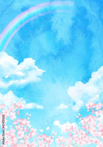青空と桜と虹の水彩のベクターイラスト背景