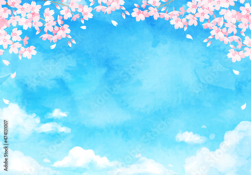 青空と雲と桜の水彩のベクターイラスト背景