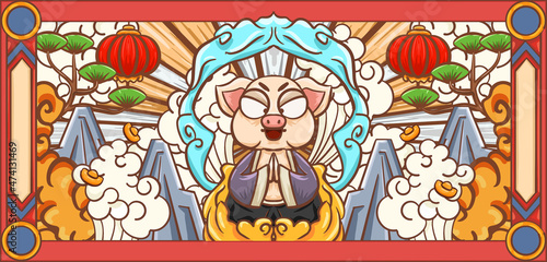 Hand drawn cartoon journey to the West character Zhu Bajie illustration

