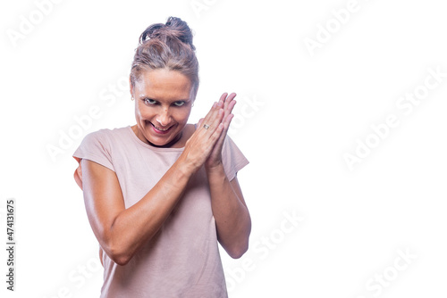 Bilde på lerret woman smiling with a malicious laugh looking insane rubbing hands