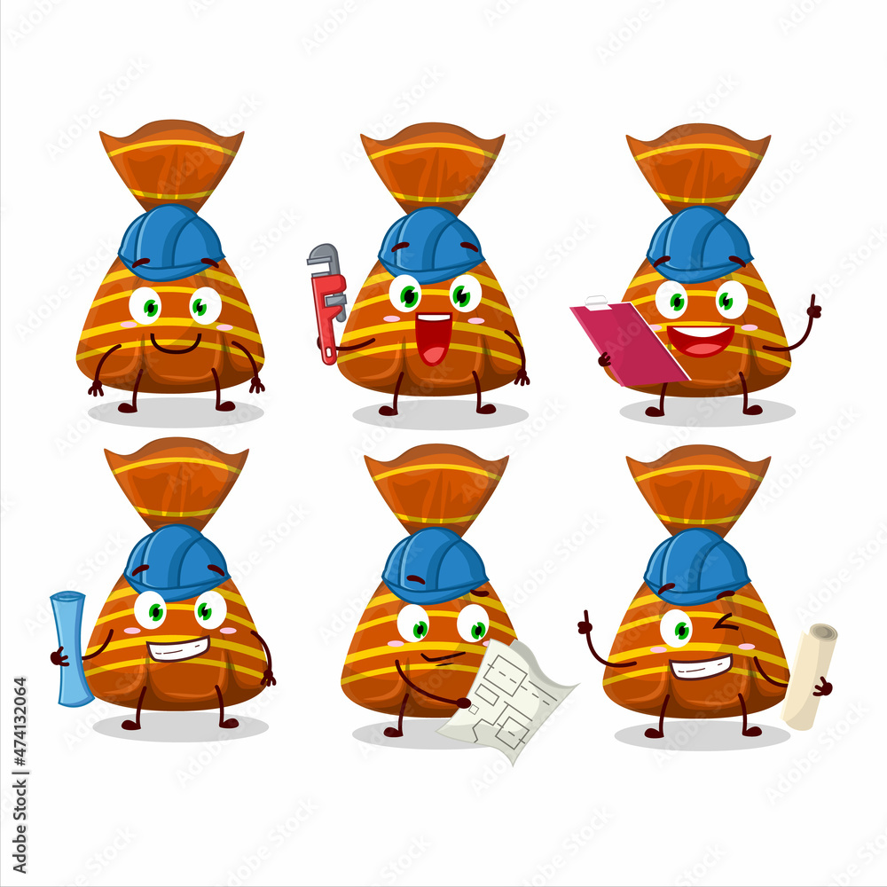 architect orange candy wrappers cute mascot character with pliers architect orange candy wrappers cute mascot character with pliers