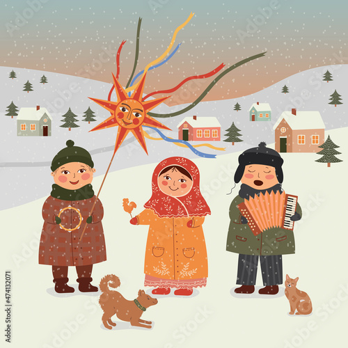 Maslenitsa or Shrovetide, Russian holiday Carnival. Fastive celebrations, happy children. 