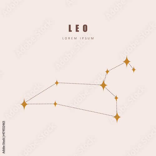 Leo zodiac constellation. Horoscope vector illustration in boho style. Mystery and esoteric. Spiritual tarot poster. Magic occult and astrology card.