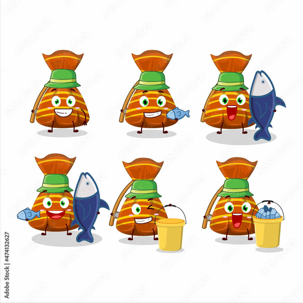 Fototapeta premium A fisherman orange candy wrappers cartoon picture catch a big fish