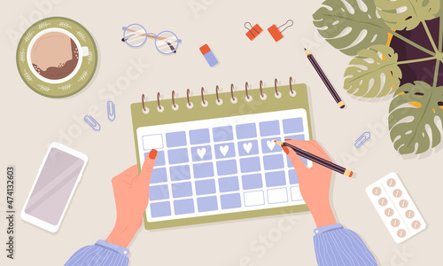 Woman period. Girl check menstruation calendar shedule. Top view. Female menstrual cycle. Vector illustration in flat cartoon style.