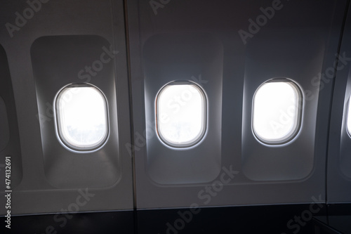 Airplane, aircraft window with white blank space.