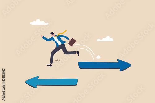 Change career, decide to go different path or direction, challenge to find new way or opportunity, progress to other choice or journey concept, businessman change from arrow sign to other direction.