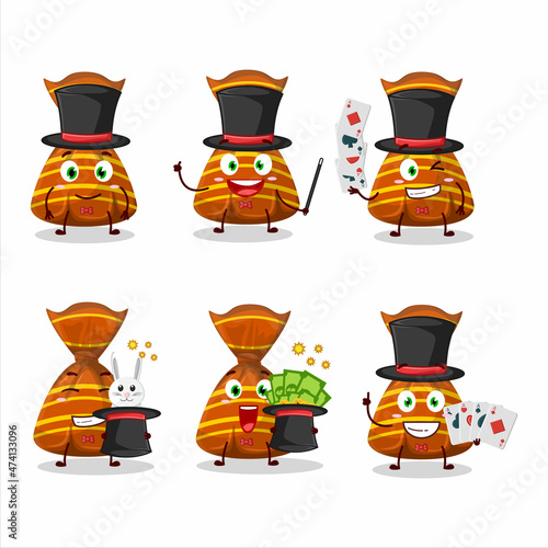 A orange candy wrappers Magician cartoon character perform on a stage