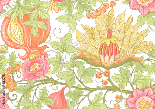 Fantasy flowers in retro, vintage, jacobean embroidery style. Seamless pattern, background. Vector illustration.