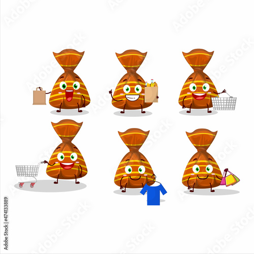 A Rich orange candy wrappers mascot design style going shopping