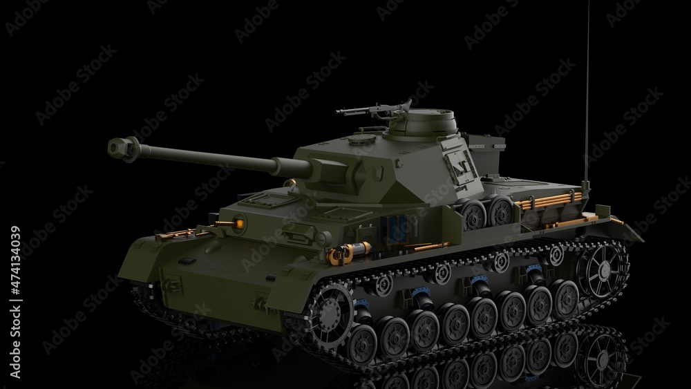 Metallic dark green military tank on black-white flash lighting background. Concept image of power strength, dynamic strategy and Strong system. 3D illustration. 3D high quality rendering. 3D CG.
