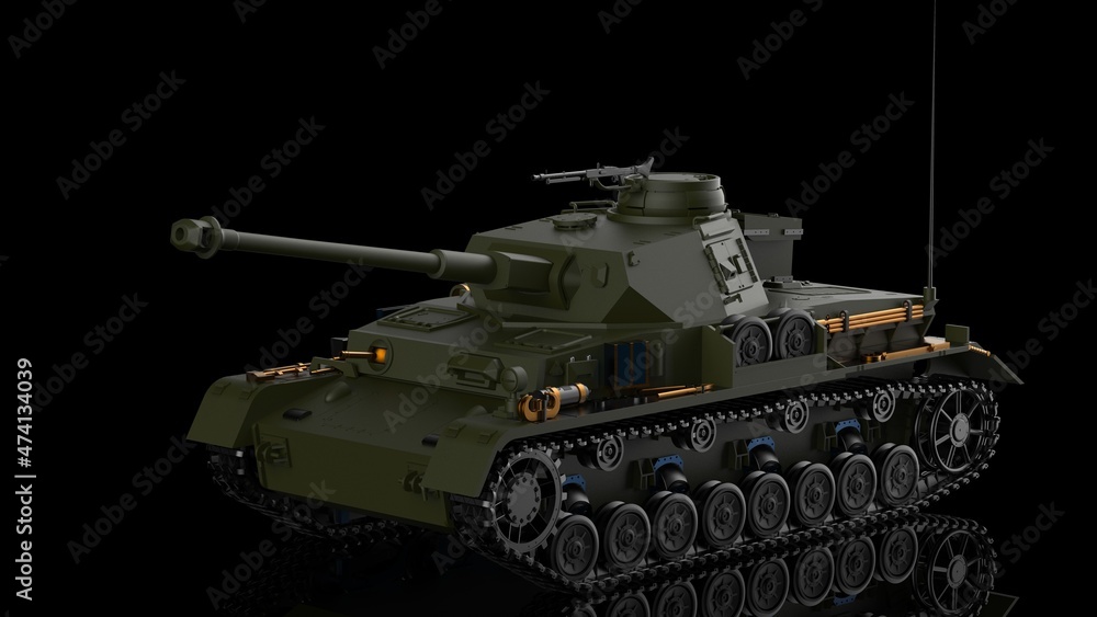 Metallic dark green military tank on black-white flash lighting background. Concept image of power strength, dynamic strategy and Strong system. 3D illustration. 3D high quality rendering. 3D CG. Metallic dark green military tank on black-white flash lighting background. Concept image of power strength, dynamic strategy and Strong system. 3D illustration. 3D high quality rendering. 3D CG.