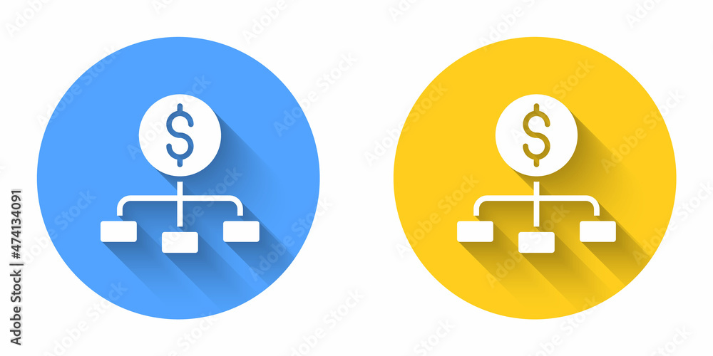 White Dollar on top of financial hierarchy icon isolated with long shadow background. Circle button. Vector White Dollar on top of financial hierarchy icon isolated with long shadow background. Circle button. Vector