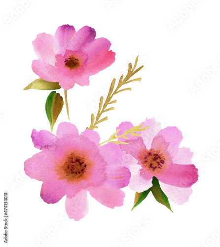 Watercolor pink flower bouquet. Hand painted illustration. High quality photo