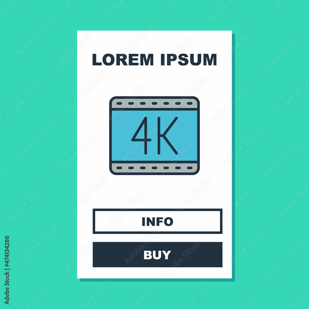 Filled outline 4k movie, tape, frame icon isolated on turquoise background. Vector
