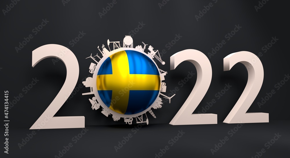 2022 year number with industrial icons around zero digit. Flag of Sweden. 2022 year number with industrial icons around zero digit. Flag of Sweden.