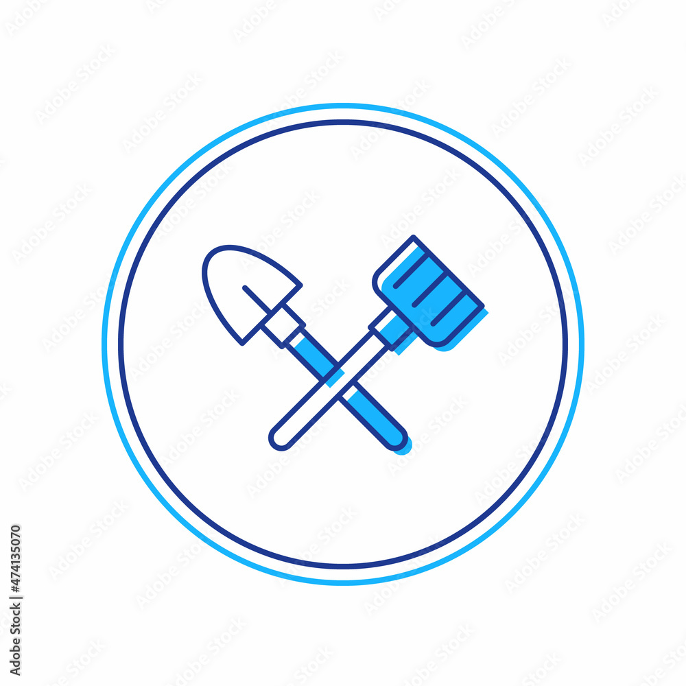 Filled outline Shovel and rake icon isolated on white background. Tool for horticulture, agriculture, gardening, farming. Ground cultivator. Vector Filled outline Shovel and rake icon isolated on white background. Tool for horticulture, agriculture, gardening, farming. Ground cultivator. Vector