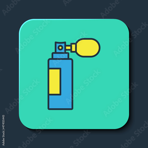 Filled outline Perfume icon isolated on blue background. Turquoise square button. Vector