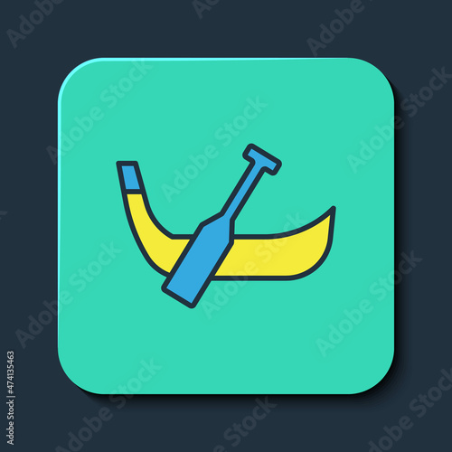 Filled outline Gondola boat italy venice icon isolated on blue background. Tourism rowing transport romantic. Turquoise square button. Vector