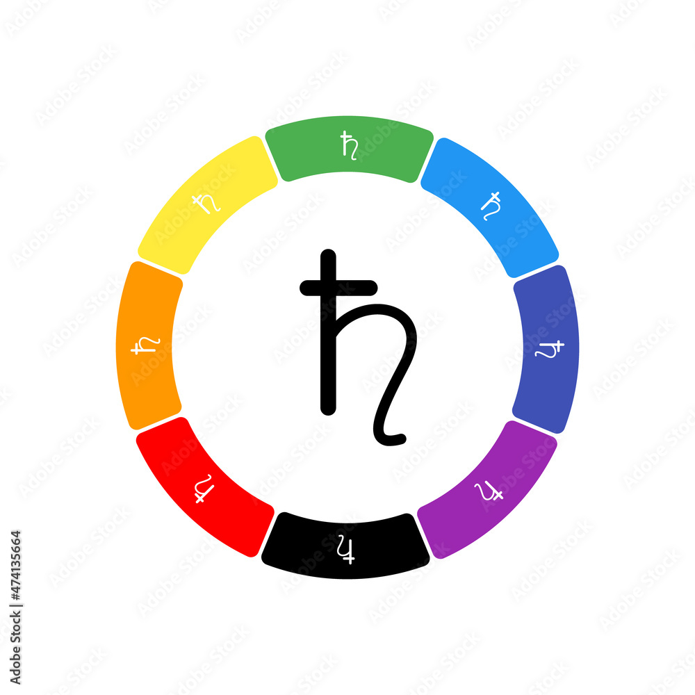 A large black astrological saturn symbol in the center, surrounded by eight white symbols on a colored background. Background of seven rainbow colors and black. Vector illustration on white background A large black astrological saturn symbol in the center, surrounded by eight white symbols on a colored background. Background of seven rainbow colors and black. Vector illustration on white background