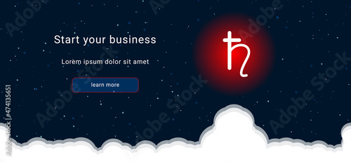 Business startup concept Landing page screen. The white astrological saturn symbol on the right. Vector illustration on dark blue background with stars and curly clouds from below