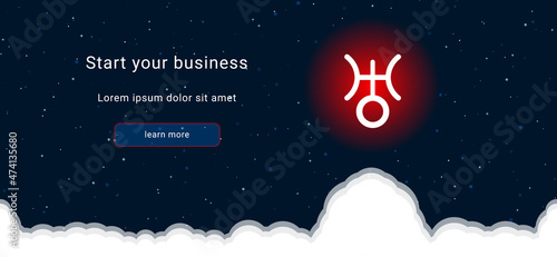 Business startup concept Landing page screen. The white astrological uranus symbol on the right. Vector illustration on dark blue background with stars and curly clouds from below