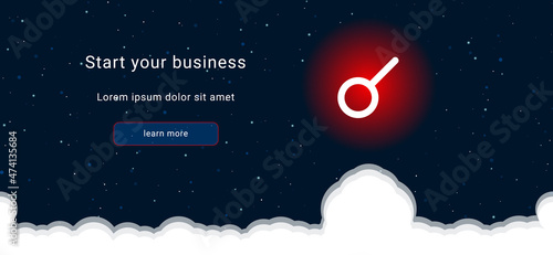 Business startup concept Landing page screen. The white astrological connection symbol on the right. Vector illustration on dark blue background with stars and curly clouds from below