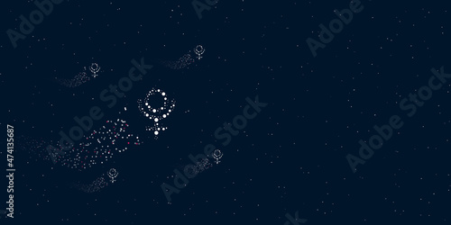 A astrological pluto symbol filled with dots flies through the stars leaving a trail behind. There are four small symbols around. Vector illustration on dark blue background with stars