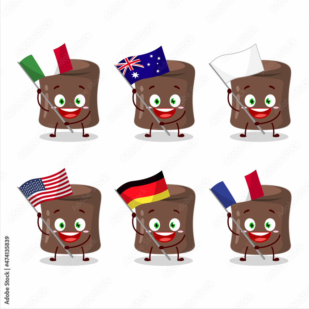 Chocolate marshmallow cartoon character bring the flags of various countries Chocolate marshmallow cartoon character bring the flags of various countries