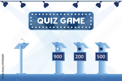 Empty quiz studio, interior with furniture. Place for filming TV program. No people. Racks with numbers on podium. Lighting on the ceiling. Big label - quiz game.
