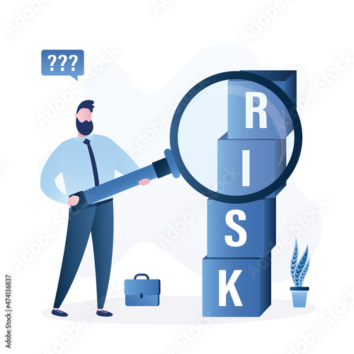 Investor or businessman research financial risks. High risk high return stock market investments. Trade off of risky investment asset rewarding growth return.