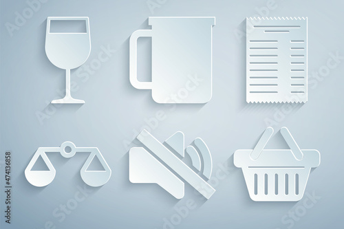 Set Speaker mute, Paper or financial check, Scales of justice, Shopping basket, Coffee cup and Wine glass icon. Vector