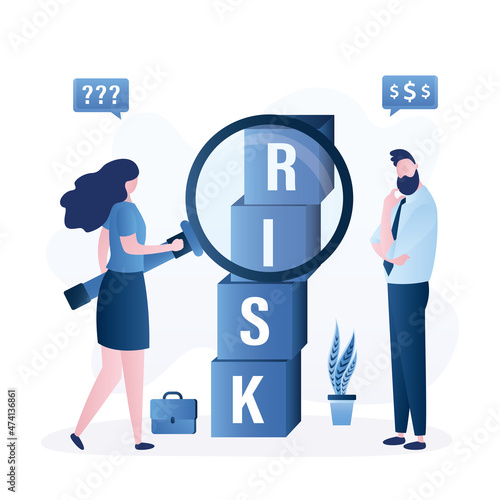 Group of investors or business people research financial risks. High risk high return stock market investments. Trade off of risky investment asset rewarding growth return.