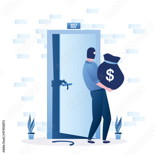 Thief with big bag of money. Masked robber leaves robbed apartment. Door to flat with broken lock