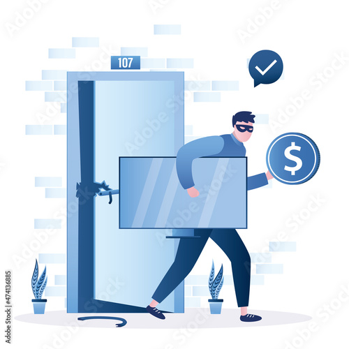 Robber takes television and money out of apartment. Concept of crime and housebreaking