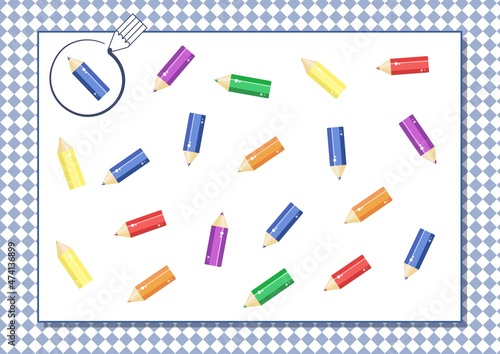 Circle blue color. Kindergarten worksheet to help children strengthen his visual discrimination skills. Cute cartoon pencils