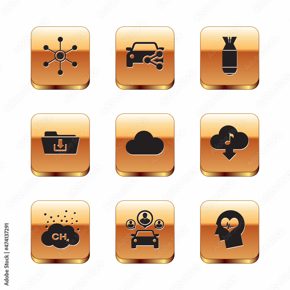 Set Network, Methane emissions reduction, Car sharing, Music streaming service, Folder download and Aviation bomb icon. Vector Set Network, Methane emissions reduction, Car sharing, Music streaming service, Folder download and Aviation bomb icon. Vector