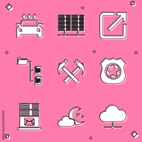 Set Car wash, Server, Data, Web Hosting, Open new window, Folder tree, Two crossed hammers and Police badge icon. Vector