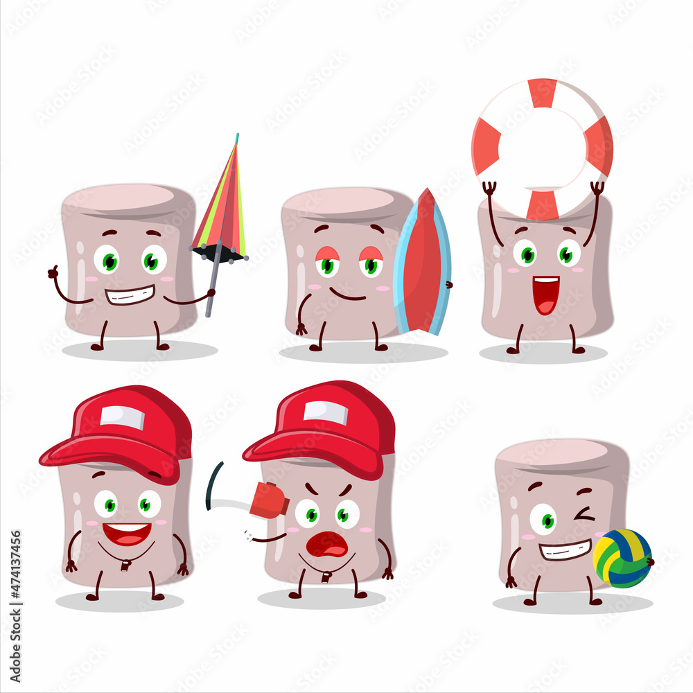 Obraz premium Happy Face strawberry marshmallow cartoon character playing on a beach