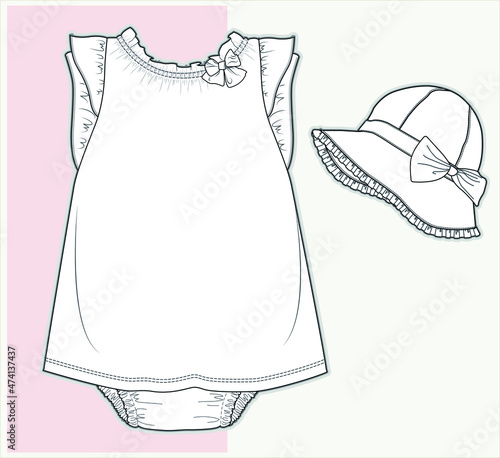 Baby clothes flat sketch template isolated. Baby girl clothes design Vector. Baby fashion. You can use it as a base in your collection. You can color each different part of the outfit separately