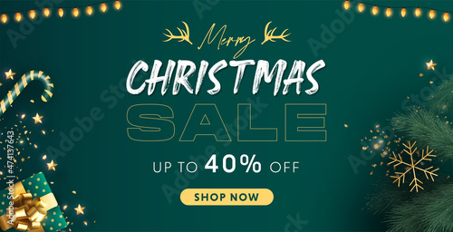 Merry Christmas sale web banner template with giftbox ,star, tree green background