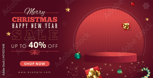 Merry Christmas sale web banner template with giftbox star and red background