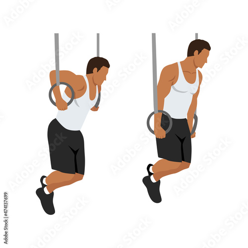 Gymnastic ring dips exercise. Flat vector illustration isolated on white background. Workout character