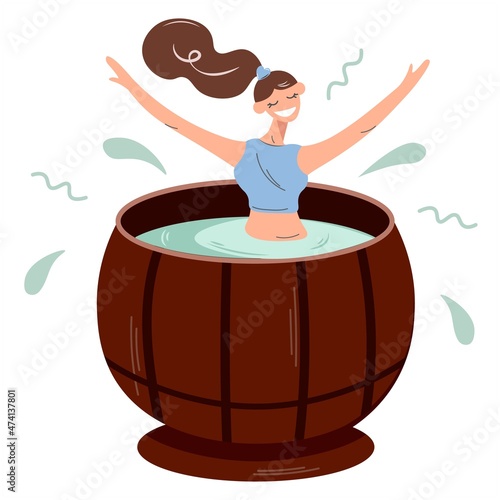 Happy girl takes spa treatments in the hot tub or cedar barrel. Pretty woman relieves stress in a sauna or steam room. A bright character bathes in a wooden barrel. Isolated trendy vector. Flat style.