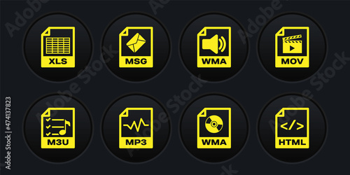 Set M3U file document, MOV, MP3, WMA, and MSG icon. Vector